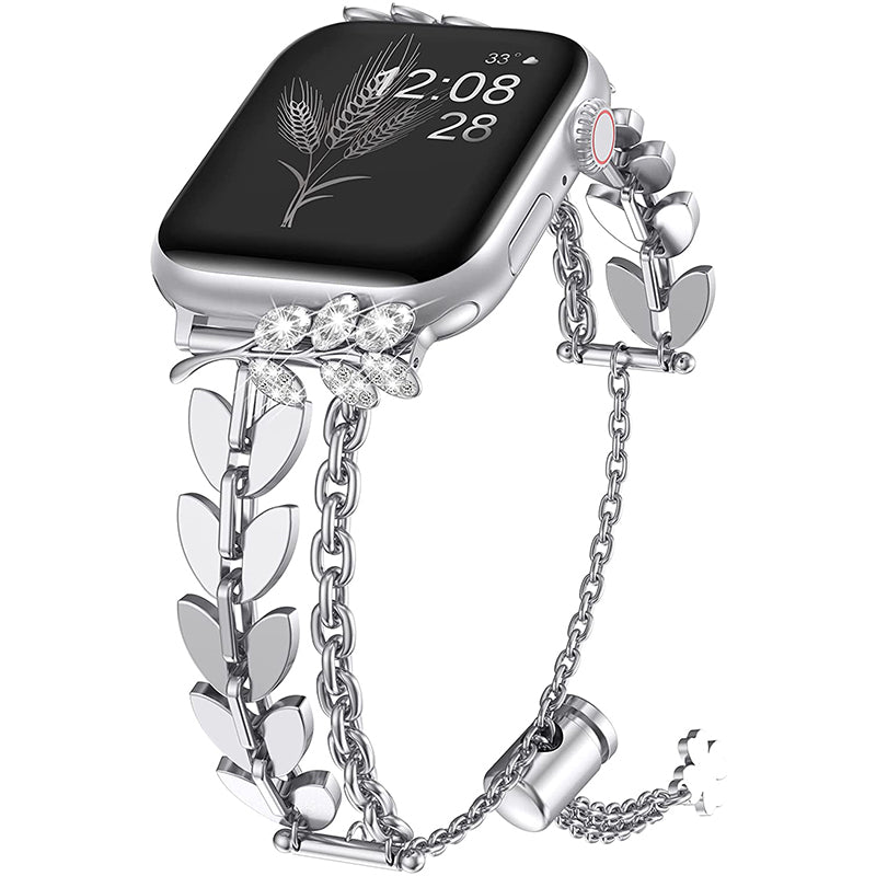 Women Elegance Pearl Gemstones Leather Strap For Apple Watch 41mm 45mm Watch  Bracelet Straps For Apple Watch 7 6 5 - Buy Women Elegance Pearl Gemstones  Leather Strap For Apple Watch 41mm