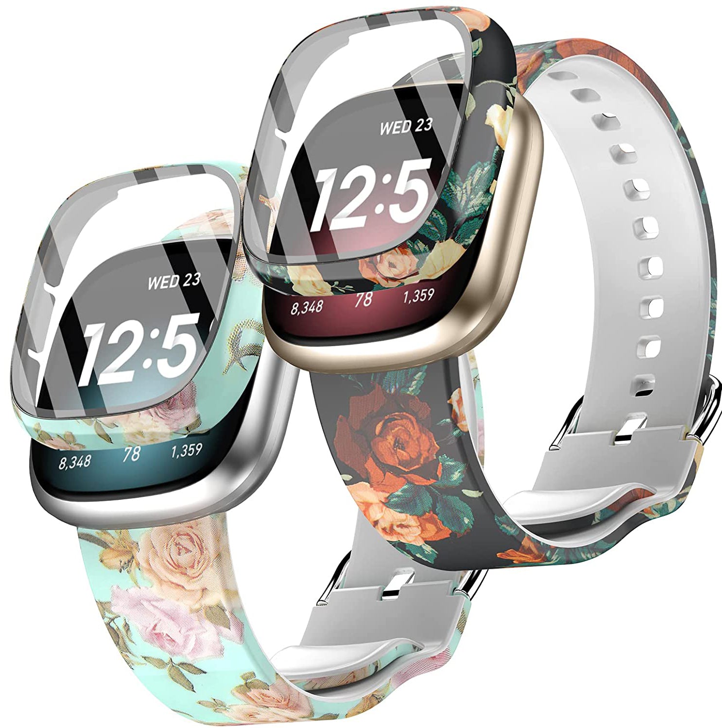 Wearlizer 2 Packs Fitbit Versa 3 Sense Bands with Screen Protector Case Soft Silicone Fadeless Pattern